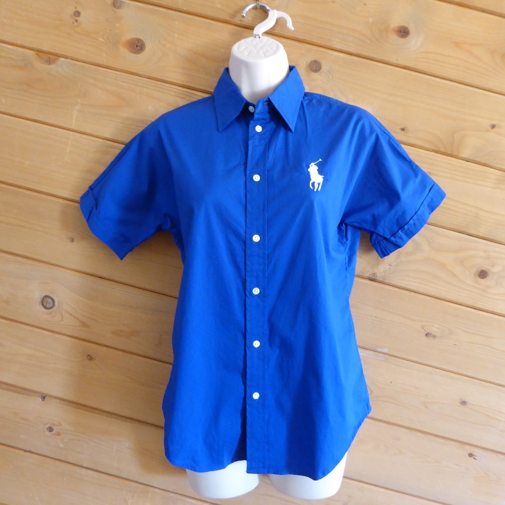 Ralph Lauren Golf Dark Blue Button Up Big Pony Logo Shirt Blouse Short Sleeve - Picture 2 of 7